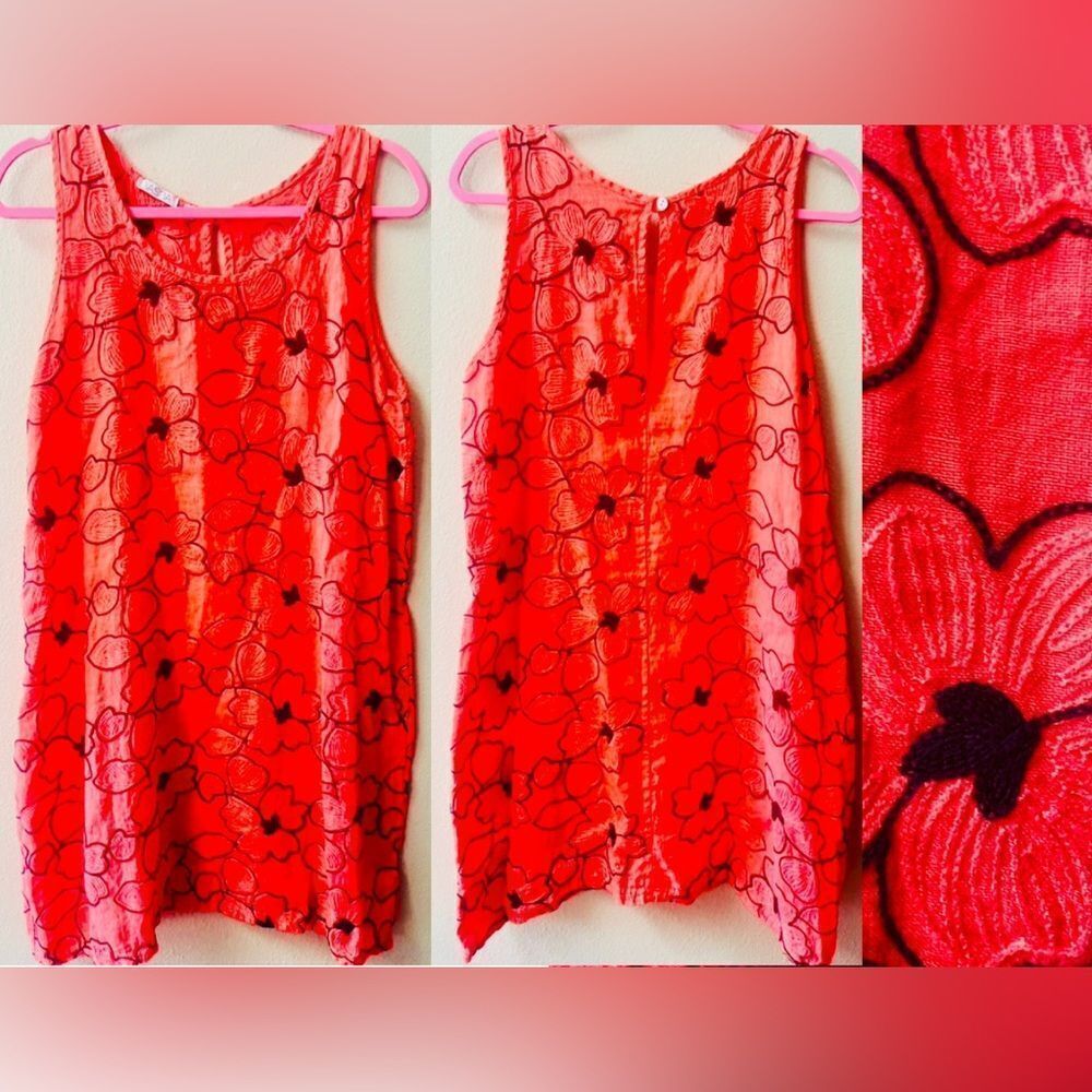 VASTNA MADE IN ITALY 100% LINEN ORANGE W/EMBROIDERED NAVY FLOWERS DRESS SIZE M